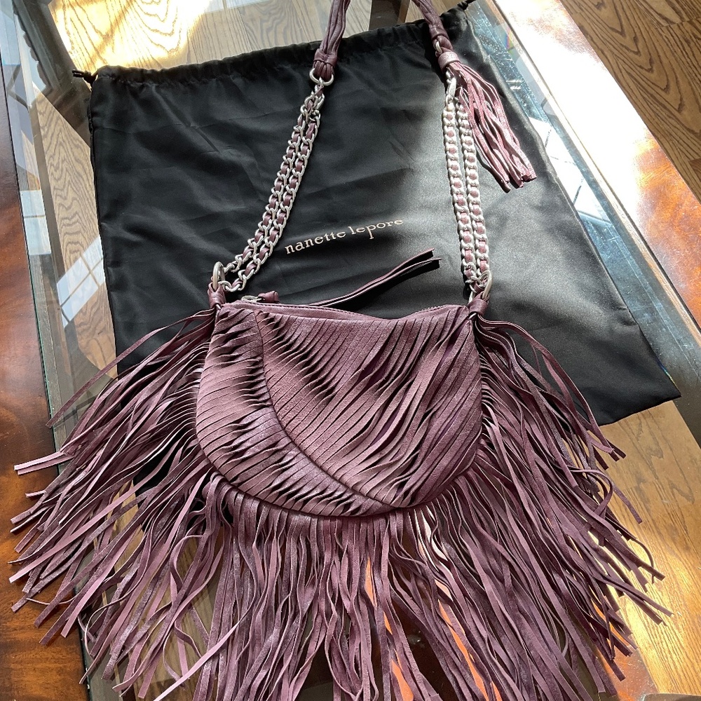Nanette Lapore metallic lavender bohemian edgy biker  fringe concert crossbody